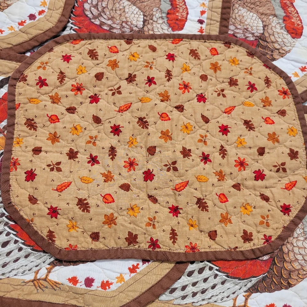 Quilted Turkey Placemats (6) Handmade Autumn Theme Leaves Farmhouse Cottage